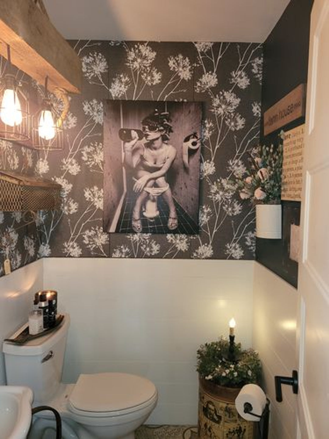Funny Bathroom Art - Drinking on Toilet Poster in Black and White | Quirky Bathroom Decor