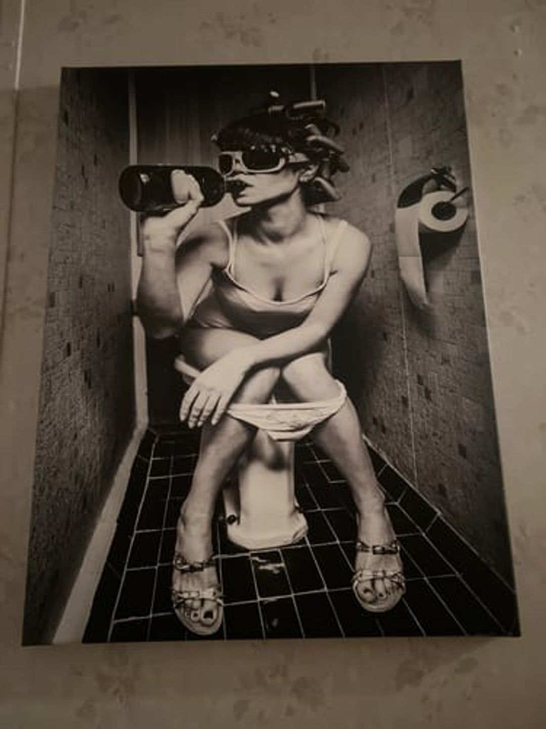 Funny Bathroom Art - Drinking on Toilet Poster in Black and White | Quirky Bathroom Decor