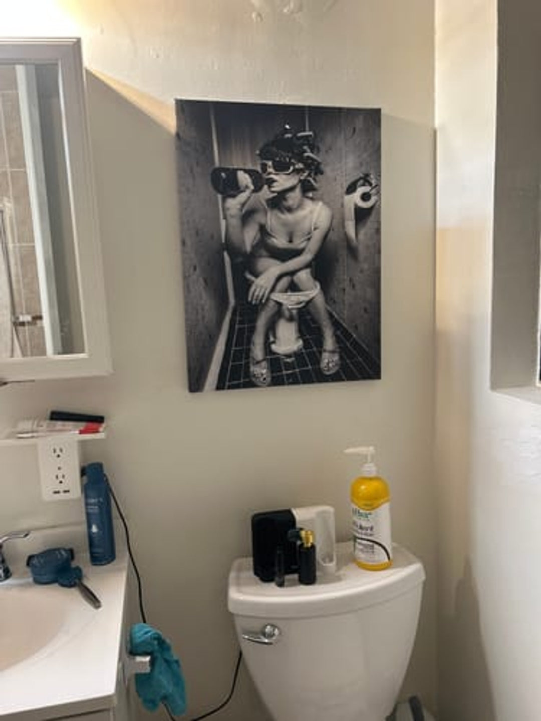 Funny Bathroom Art - Drinking on Toilet Poster in Black and White | Quirky Bathroom Decor