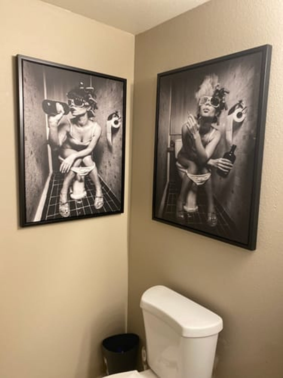 Funny Bathroom Art - Drinking on Toilet Poster in Black and White | Quirky Bathroom Decor