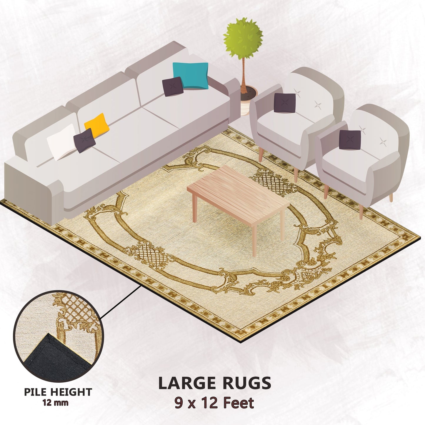 Premium Hand-Tufted Rug Made of 100% Wool - Augustan Gold - 9x12 Feet