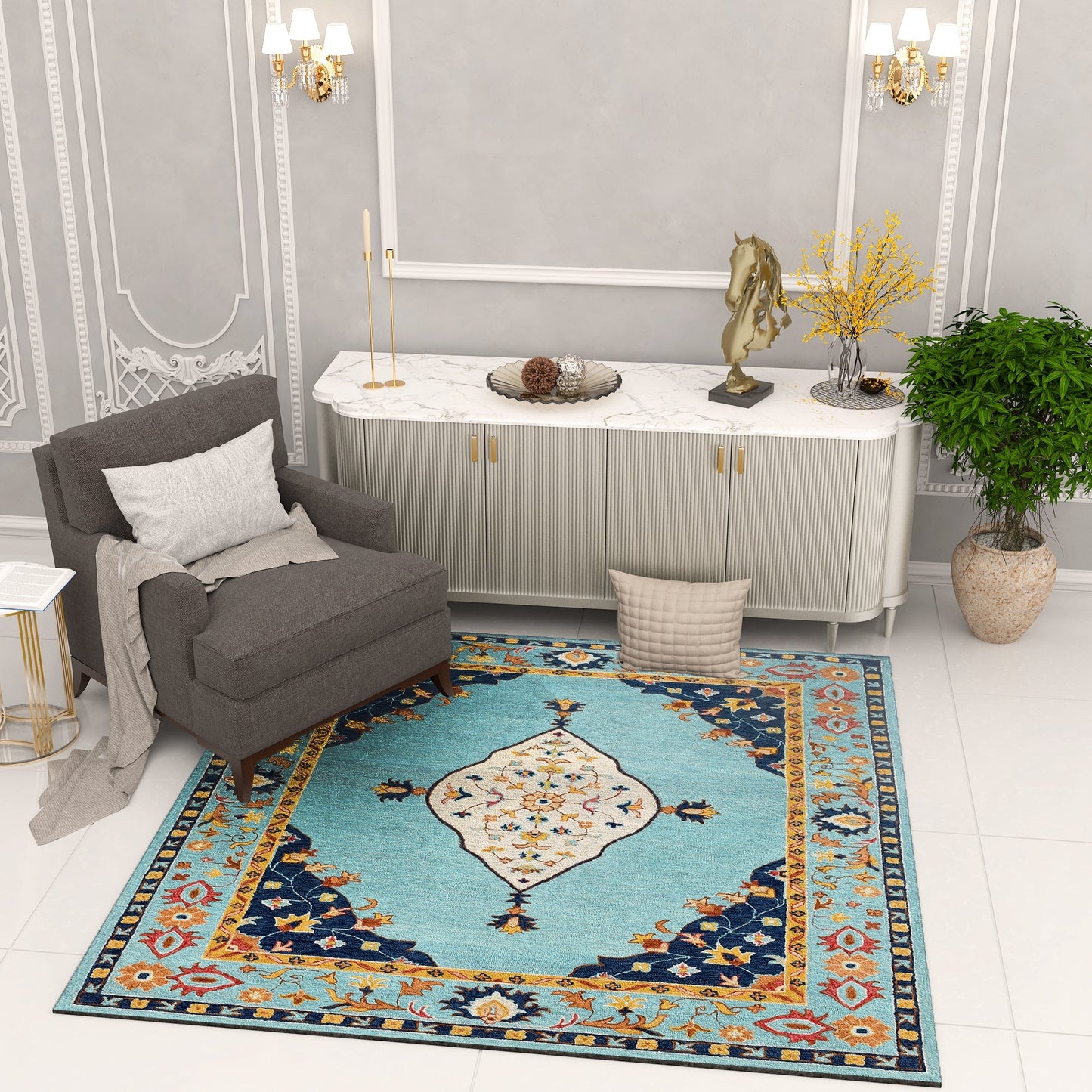 Premium Hand-Tufted Rug Made of 100% Wool - Aydin Sky - 6x6 Feet