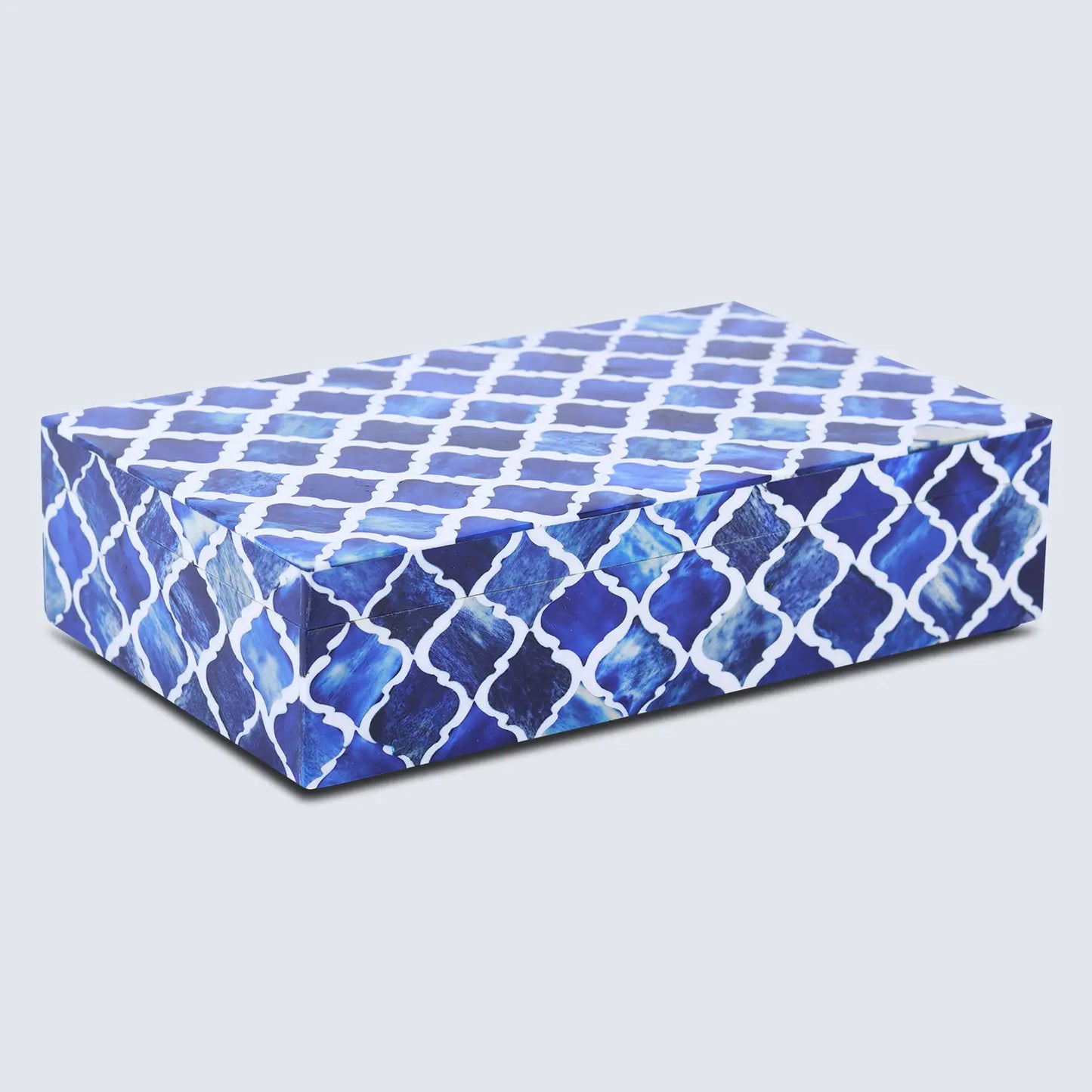 Moroccan Pattern Decorative Storage Box, Bone & Resin Inlay in 7 Sizes, Blue & White