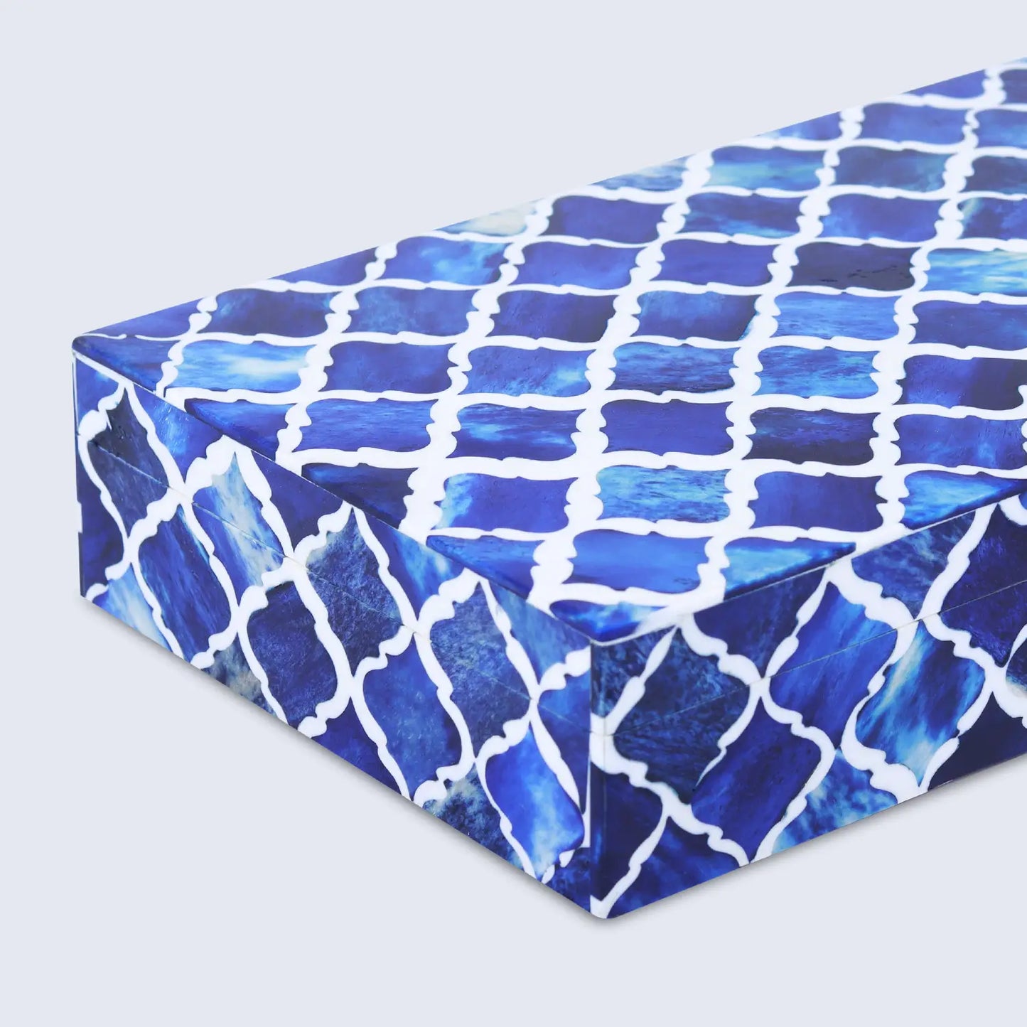 Moroccan Pattern Decorative Storage Box, Bone & Resin Inlay in 7 Sizes, Blue & White