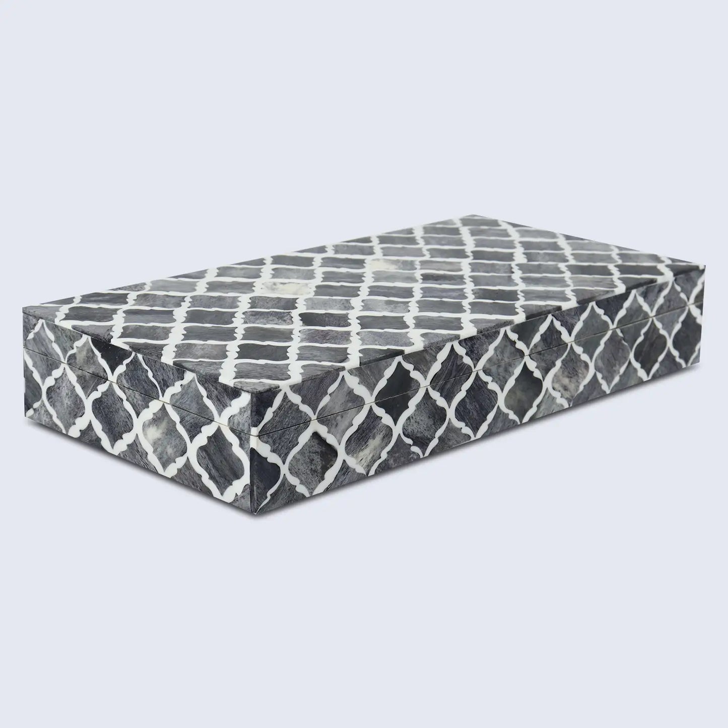 Moroccan Pattern Decorative Storage Box, Bone & Resin Inlay in 7 Sizes, Grey & White