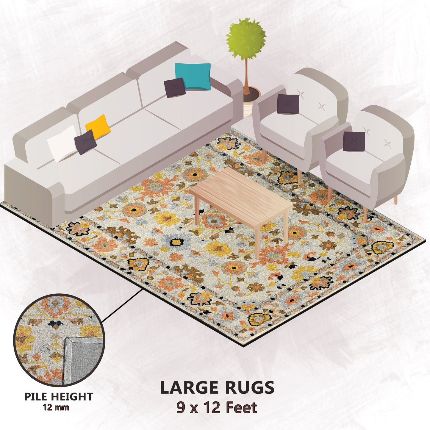 Premium Hand-Tufted Rug Made of 100% Wool - Flora Meadow - 9x12 Feet