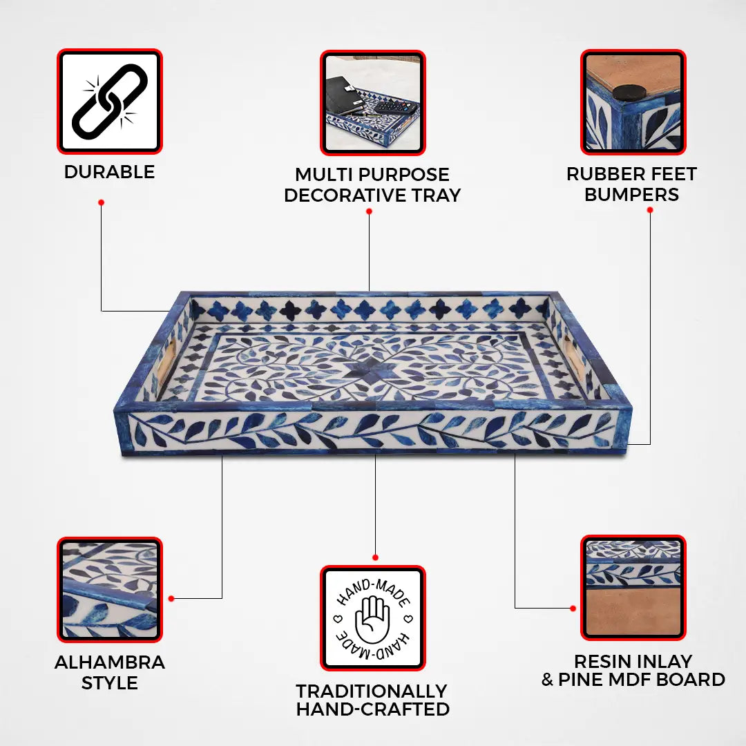 Decorative Tray Alhambra Azul Pattern Bone & Resin Inlay Collection in 2 Sizes
