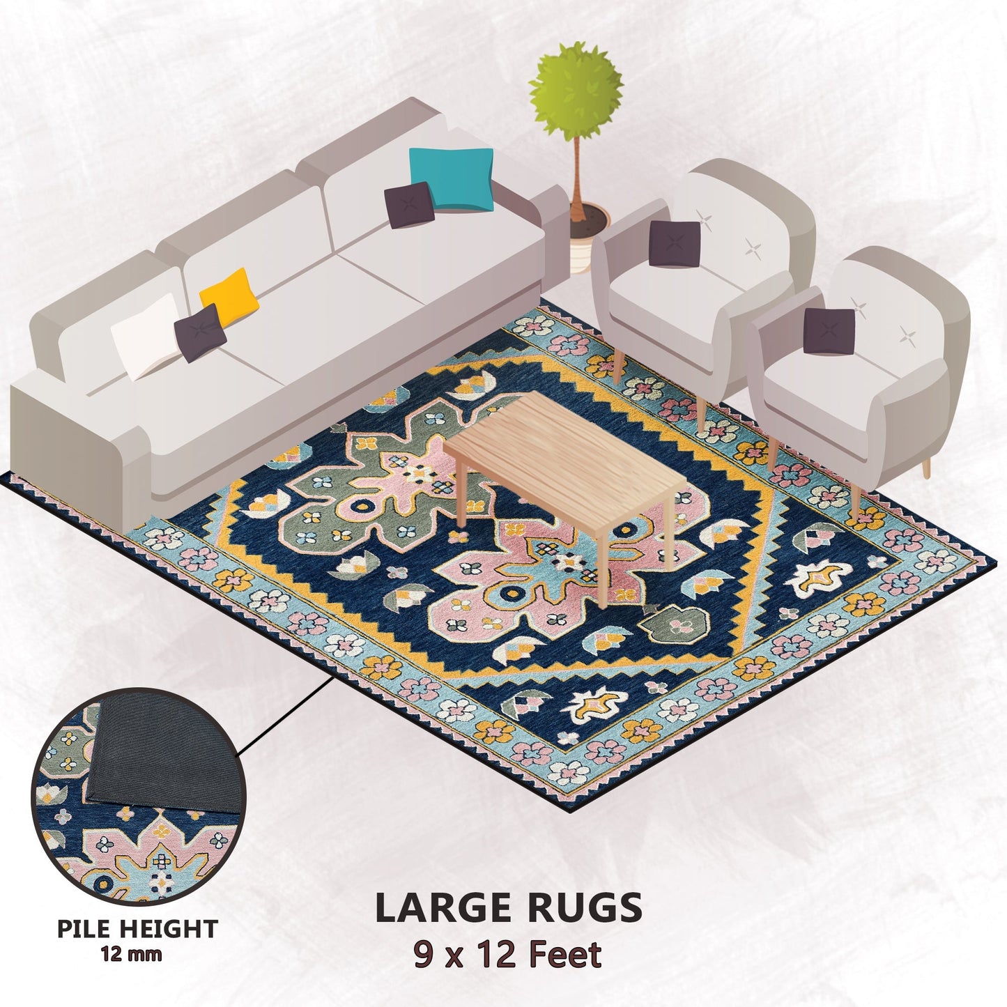 Premium Hand-Tufted Rug Made of 100% Wool - Lotus Bloom - 9x12 Feet