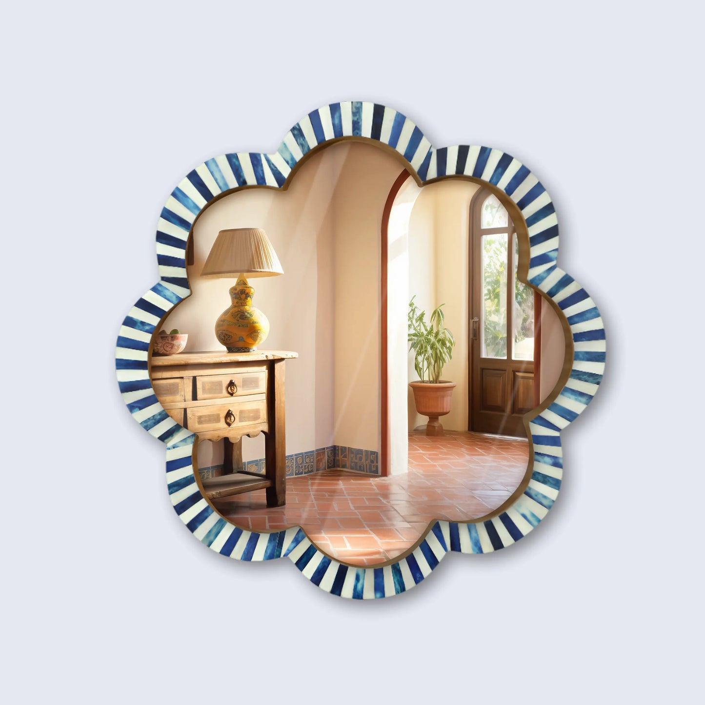 Handmade Blue & White Bone Inlay Scalloped Wall Mirror – 18"