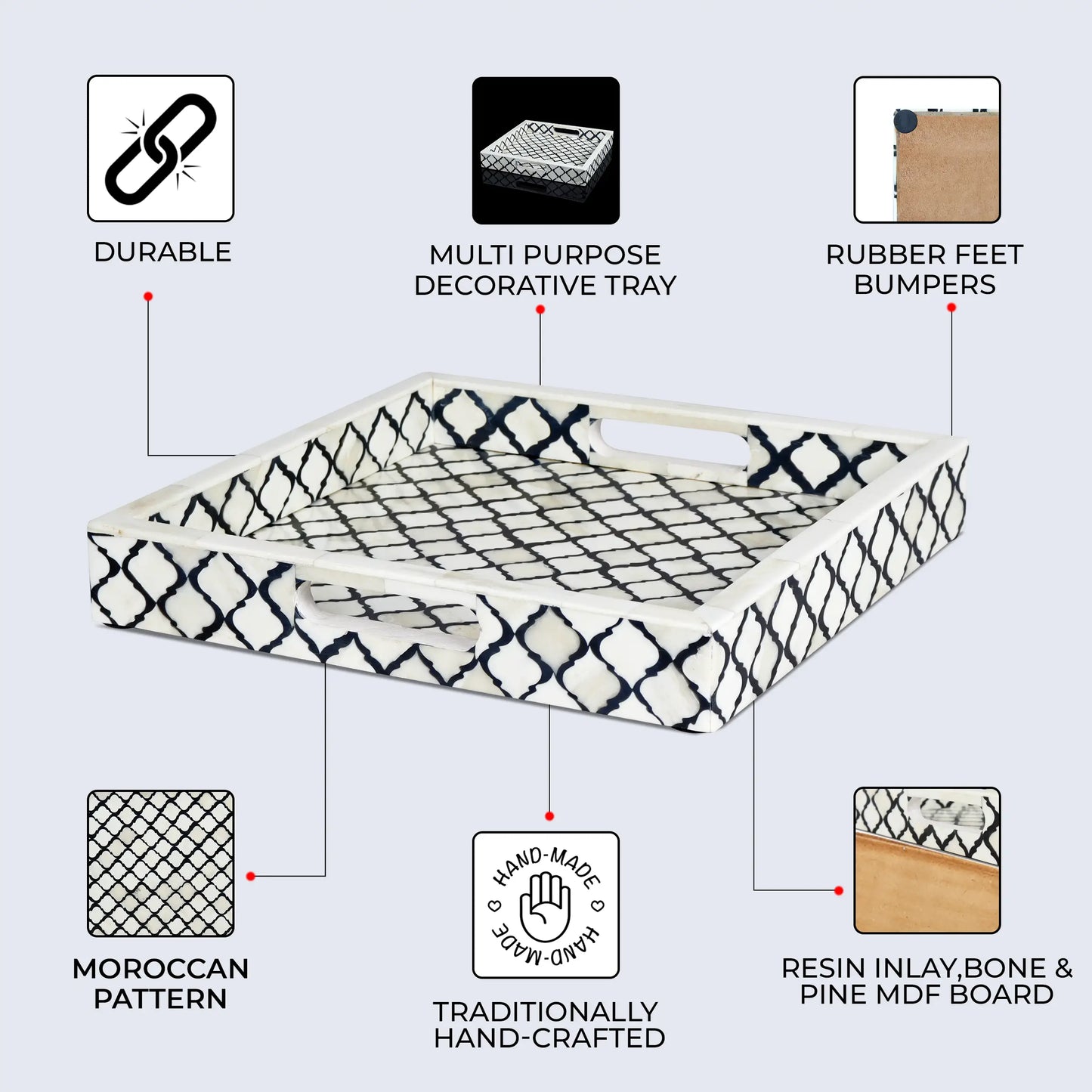 Decorative Tray Moroccan Pattern Bone & Resin Inlay Collection in 3 Sizes, Black & White