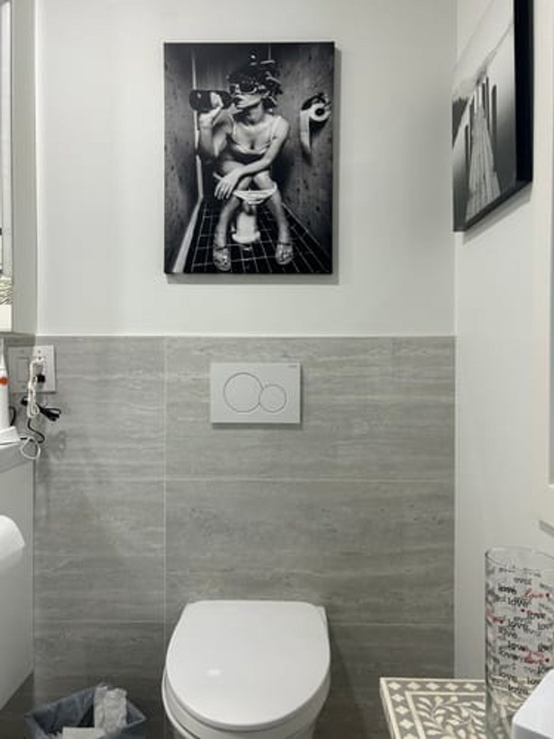 Funny Bathroom Art - Drinking on Toilet Poster in Black and White | Quirky Bathroom Decor