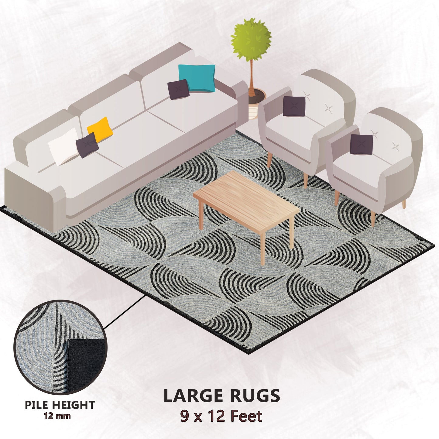 Premium Hand-Tufted Rug Made of 100% Wool - Mono Loops - 9x12 Feet