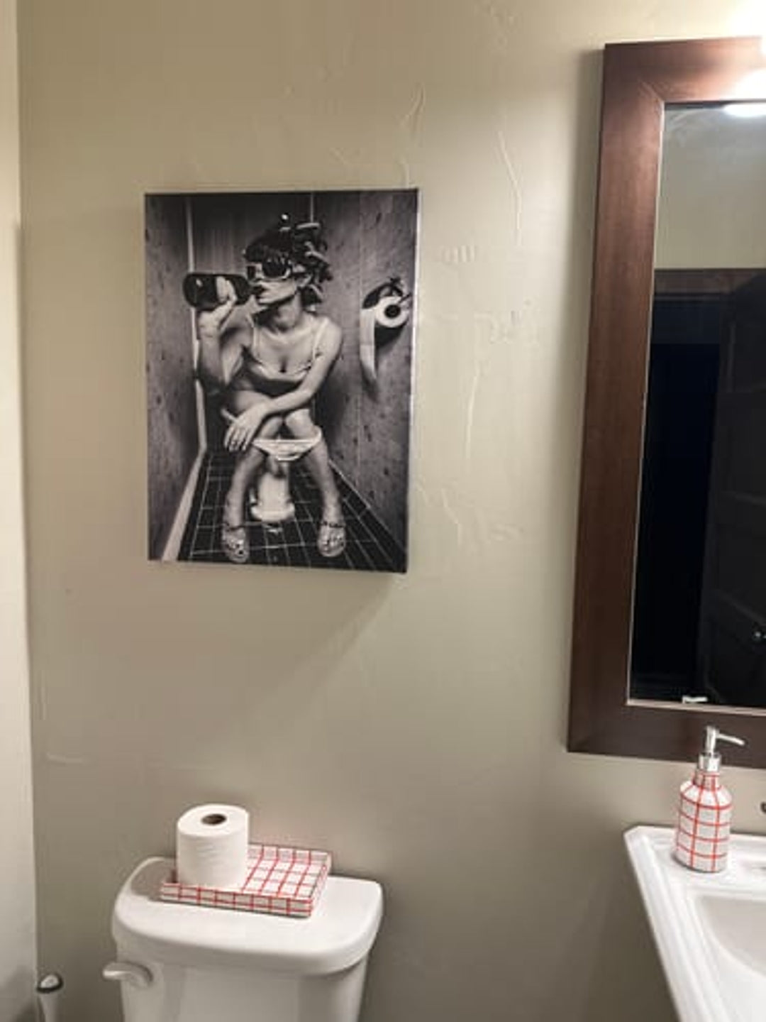 Funny Bathroom Art - Drinking on Toilet Poster in Black and White | Quirky Bathroom Decor