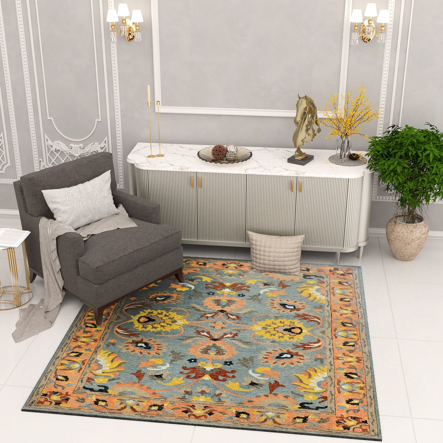 Premium Hand-Tufted Rug Made of 100% Wool - Oui Versaille - 6x6 Feet