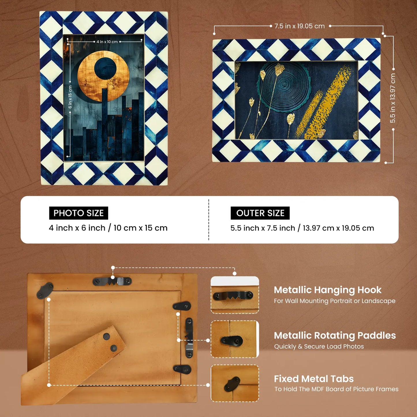 Blue & White Diamond Pattern Bone Inlay Picture Frame - 4x6 & 5x7