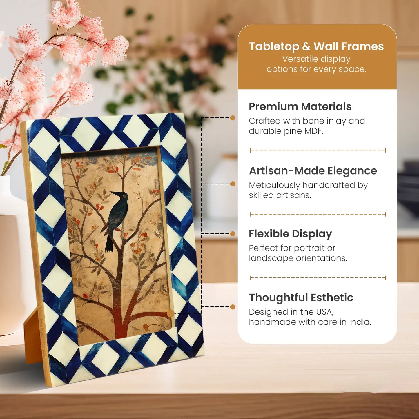Blue & White Diamond Pattern Bone Inlay Picture Frame - 4x6 & 5x7