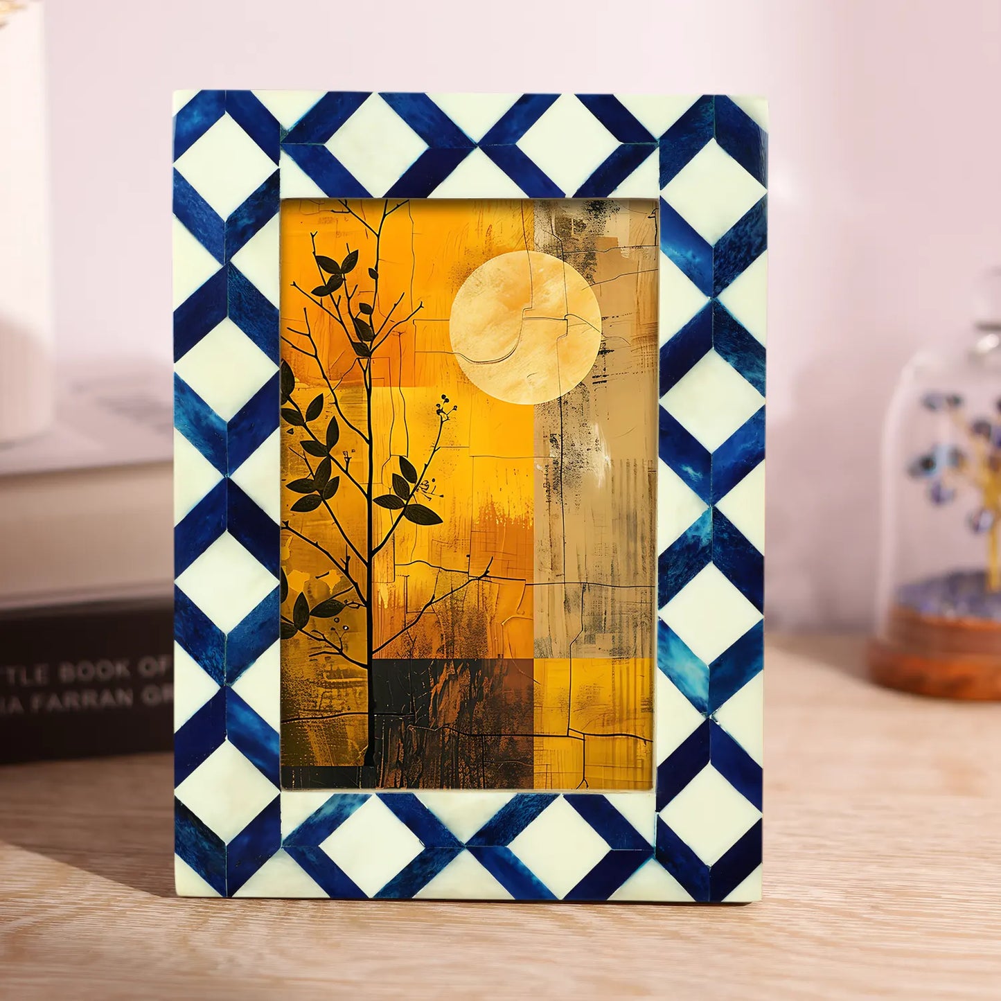 Blue & White Diamond Pattern Bone Inlay Picture Frame - 4x6 & 5x7