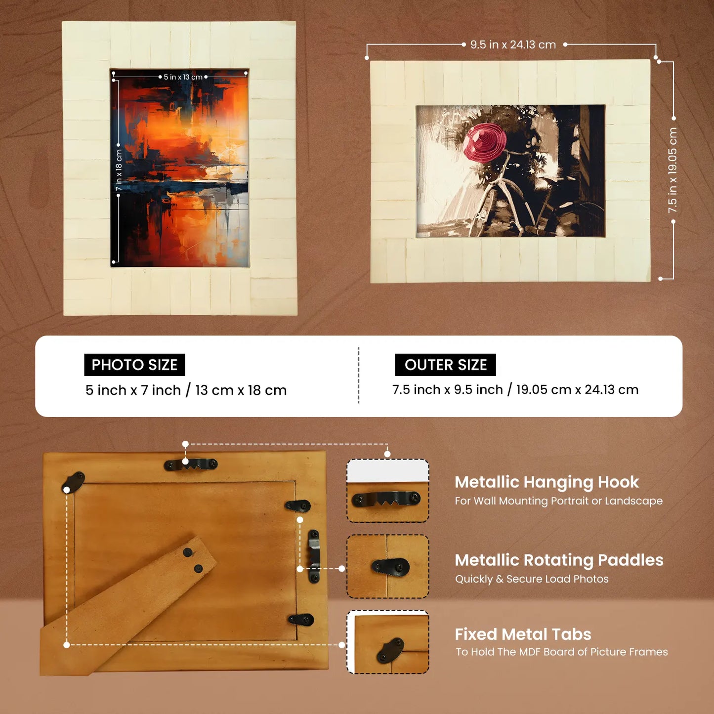 Picture Frames Classic Pattern Bone Inlay Collection in 2 Sizes, Make to Order, White
