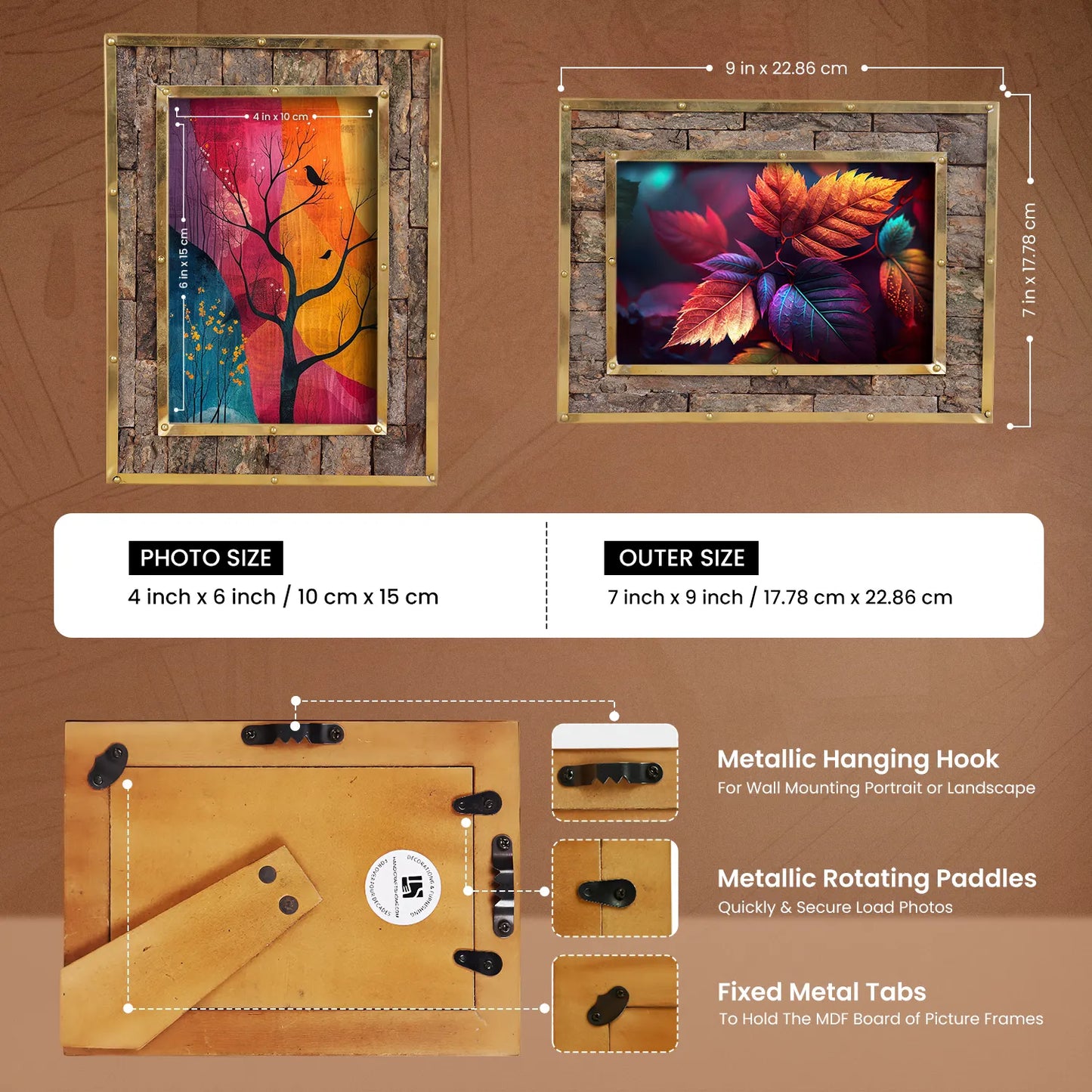 Brass & Wood Inlay Blacksmith Bastion Picture Frame, Brown & Gold 4x6