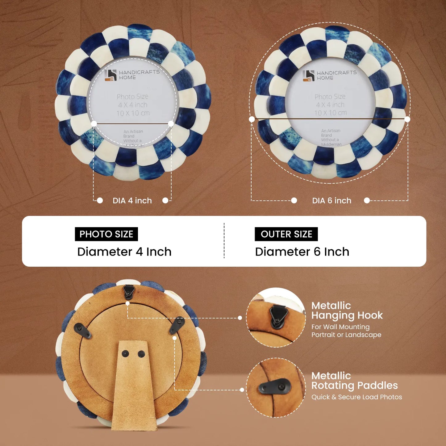 Picture Frames Scalloped Pattern Bone Inlay Collection in 4 sizes, Blue