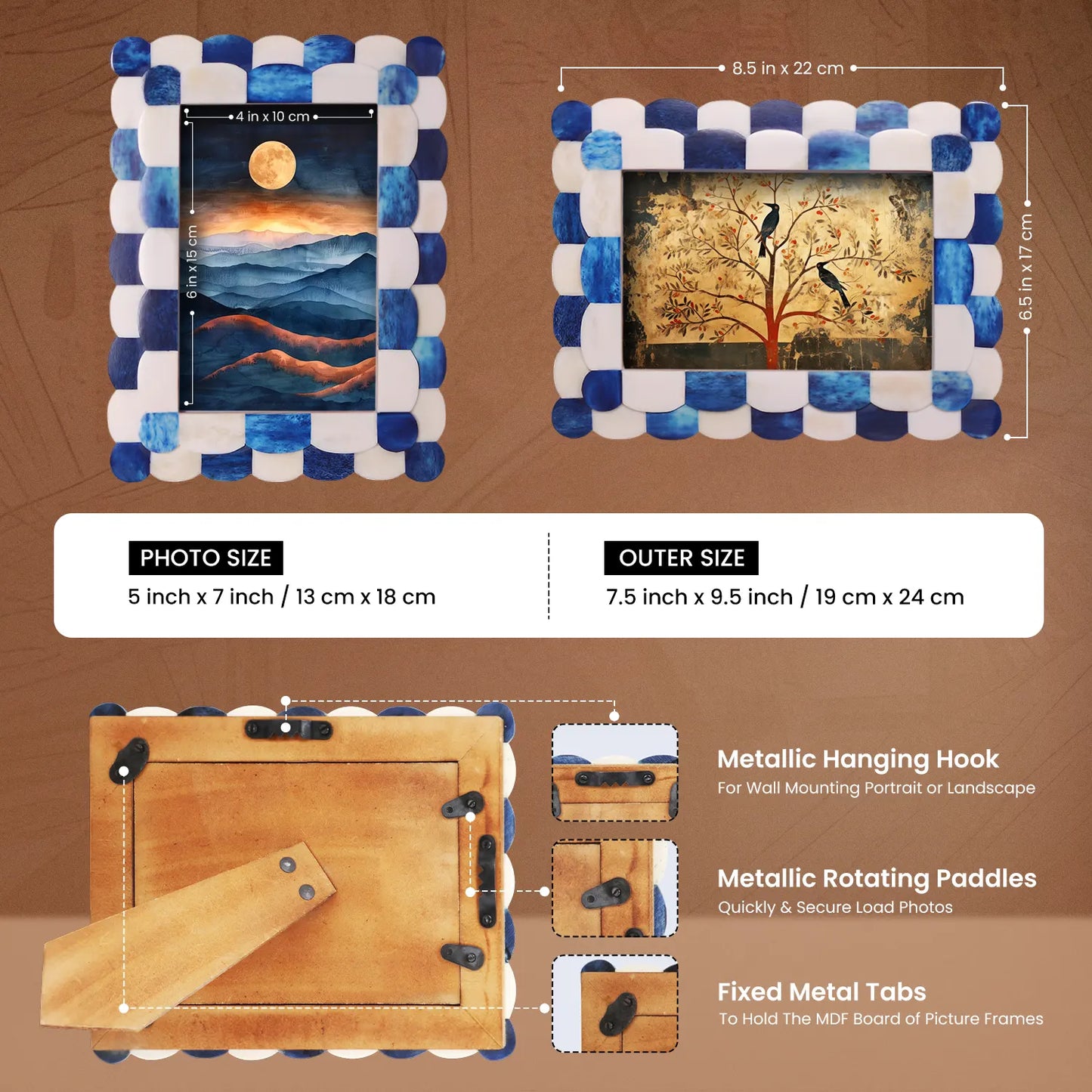 Picture Frames Scalloped Pattern Bone Inlay Collection in 4 sizes, Blue