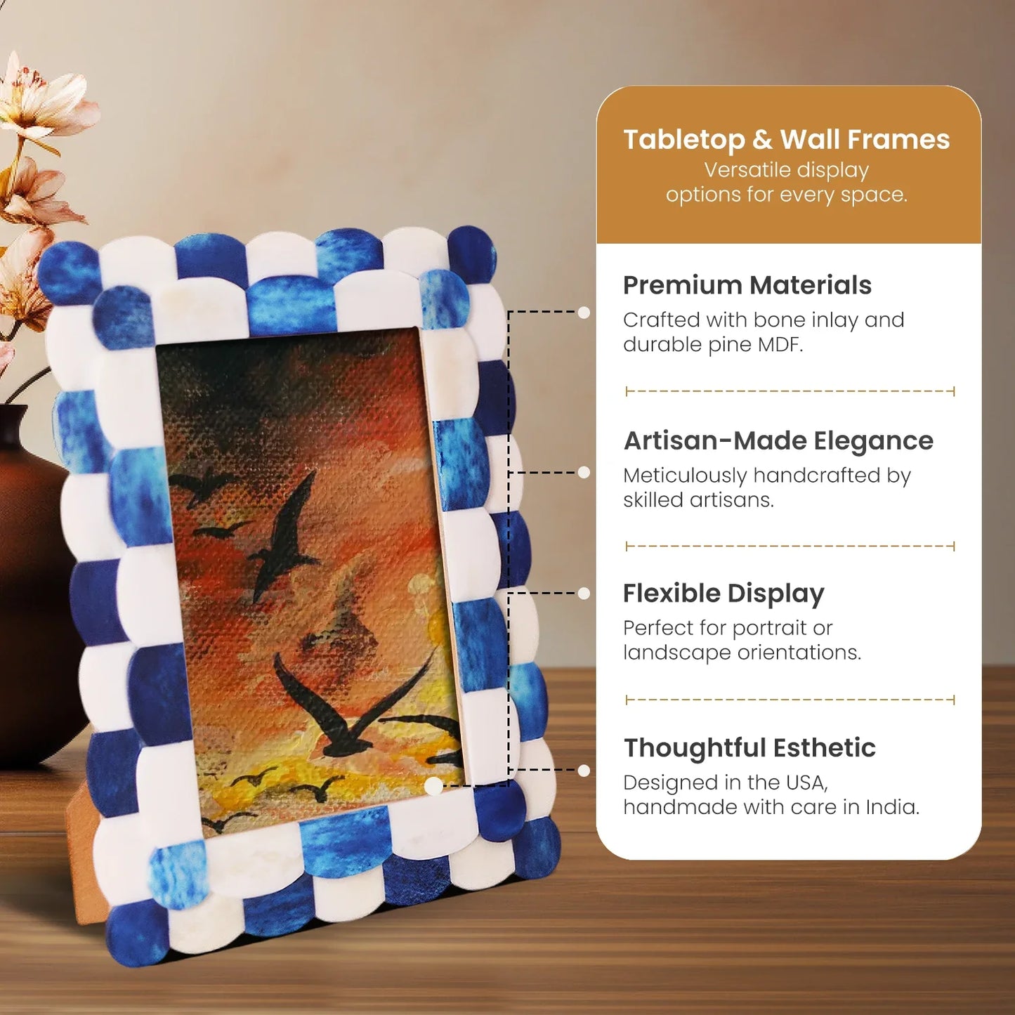 Picture Frames Scalloped Pattern Bone Inlay Collection in 4 sizes, Blue