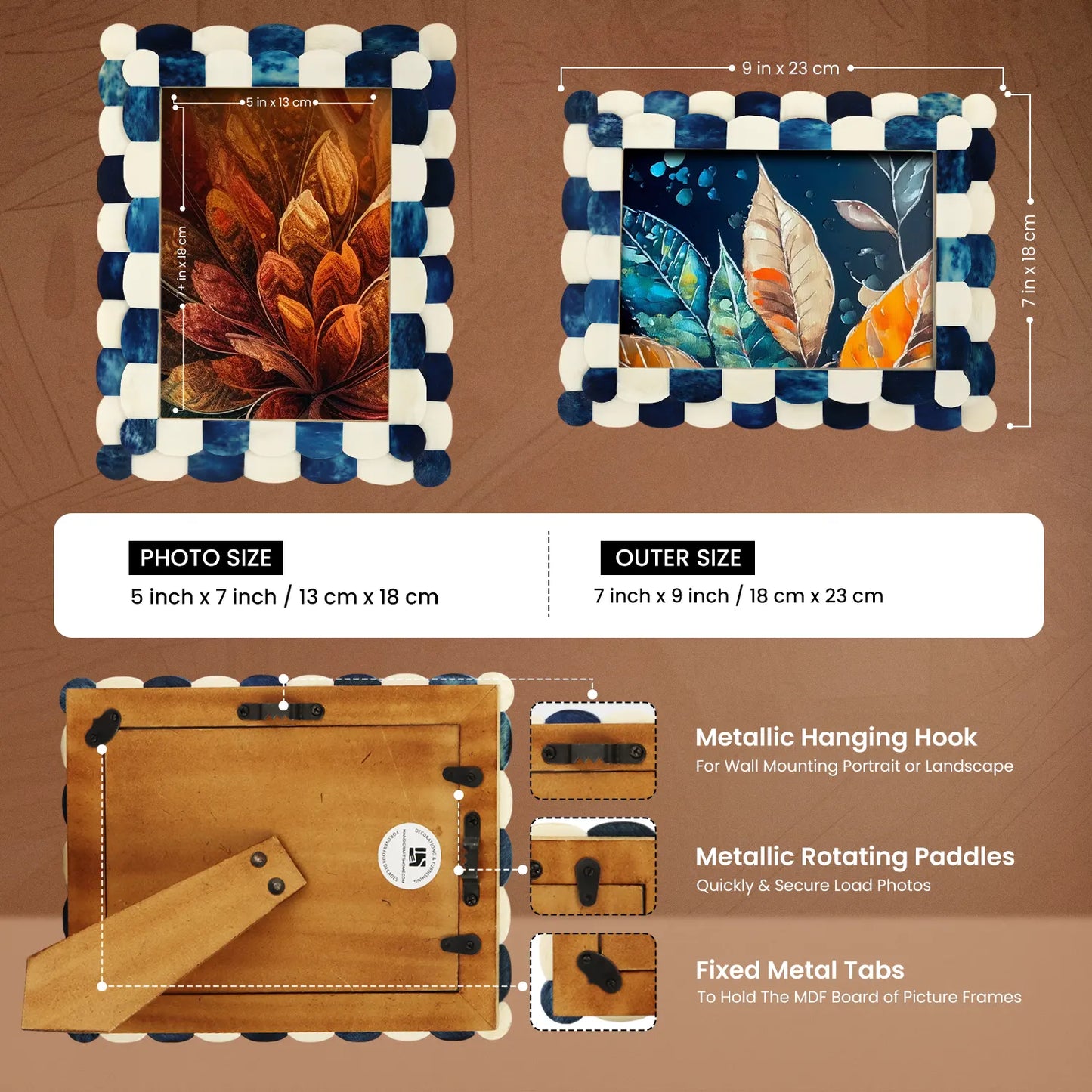 Picture Frames Scalloped Pattern Bone Inlay Collection in 4 sizes, Blue