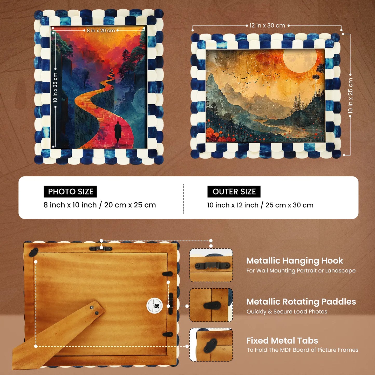 Picture Frames Scalloped Pattern Bone Inlay Collection in 4 sizes, Blue