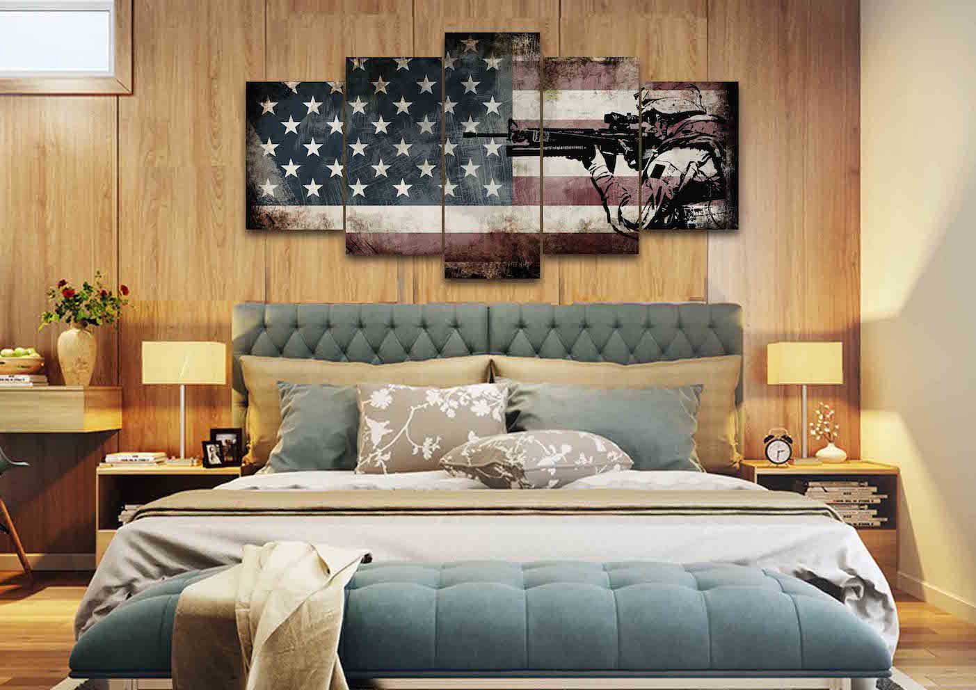 Rustic American Flag with US Army Soldier Wall Art Canvas Painting Decor bedroom