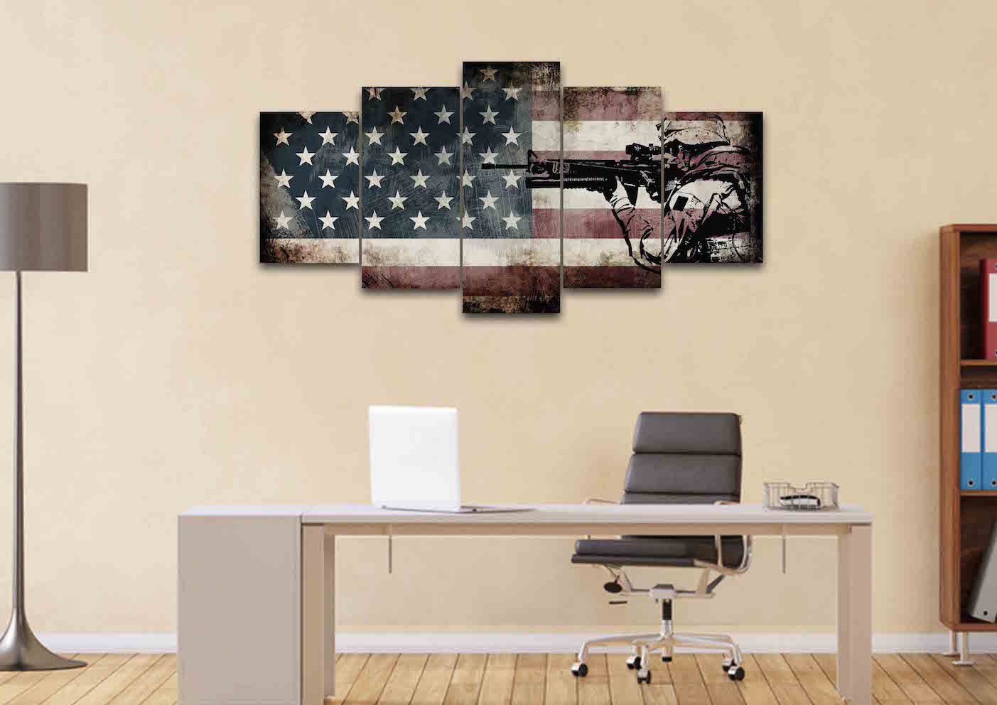 Rustic American Flag with US Army Soldier Wall Art Canvas Painting Decor home office