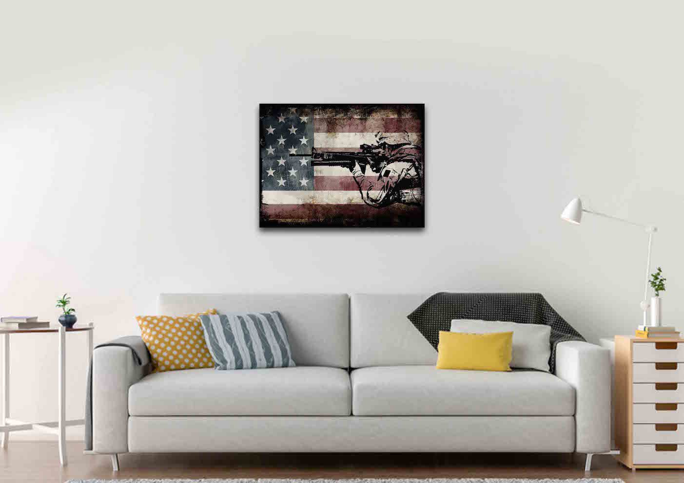 Rustic American Flag with US Army Soldier Wall Art Canvas Painting Decor living room