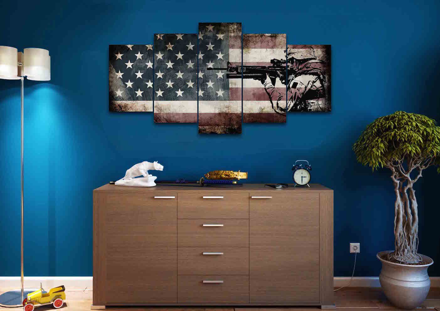 Rustic American Flag with US Army Soldier Wall Art Canvas Painting Decor man cave