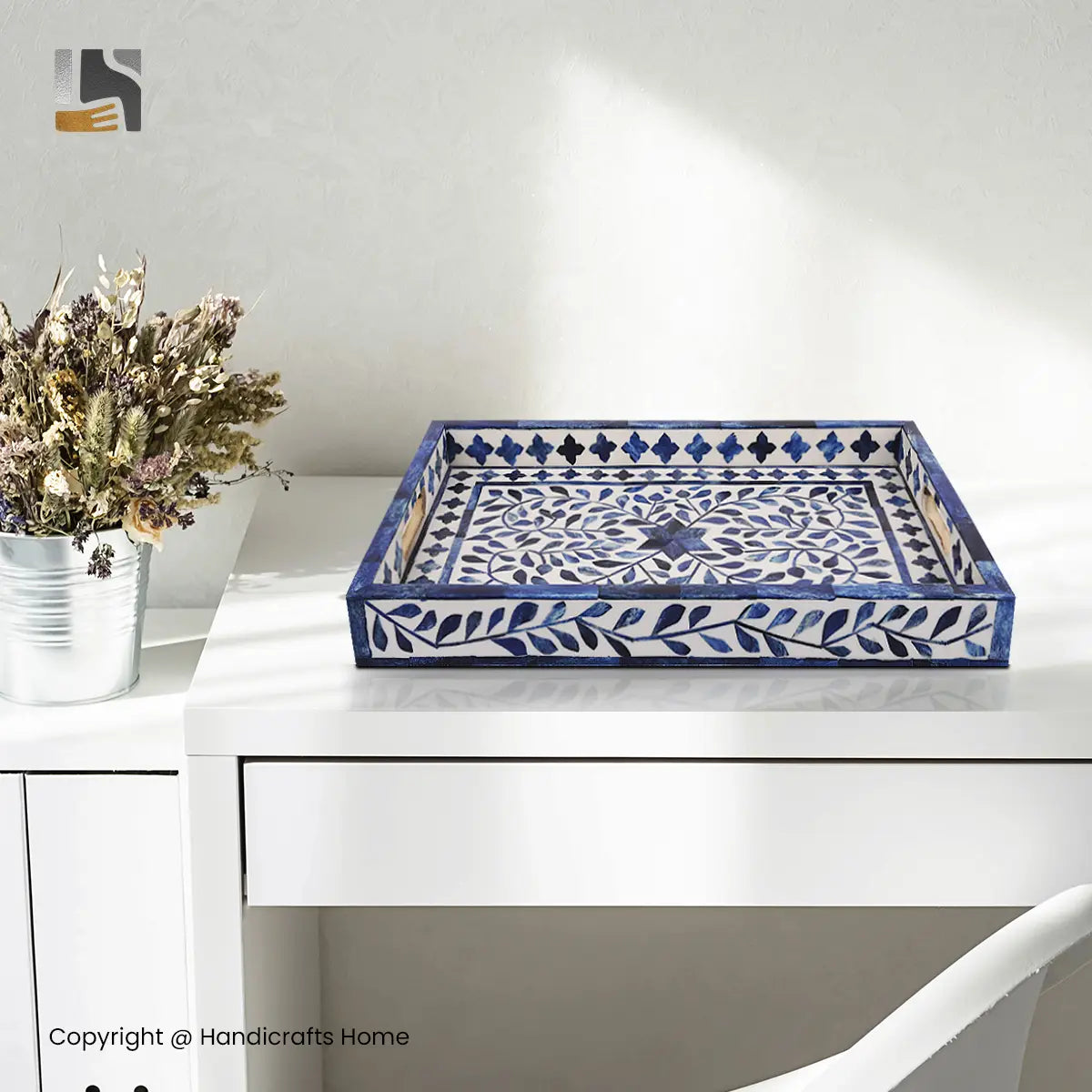 Decorative Tray Alhambra Azul Pattern Bone & Resin Inlay Collection in 2 Sizes