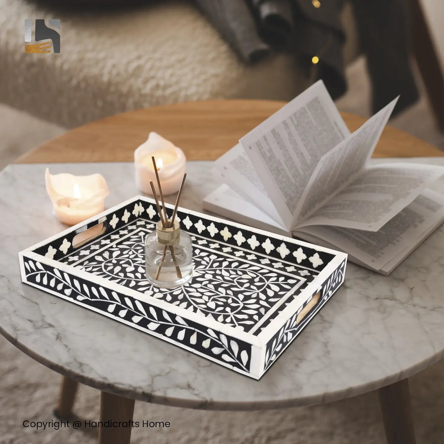 Decorative Tray Alhambra Negra Pattern Bone & Resin Inlay Collection in 2 Sizes