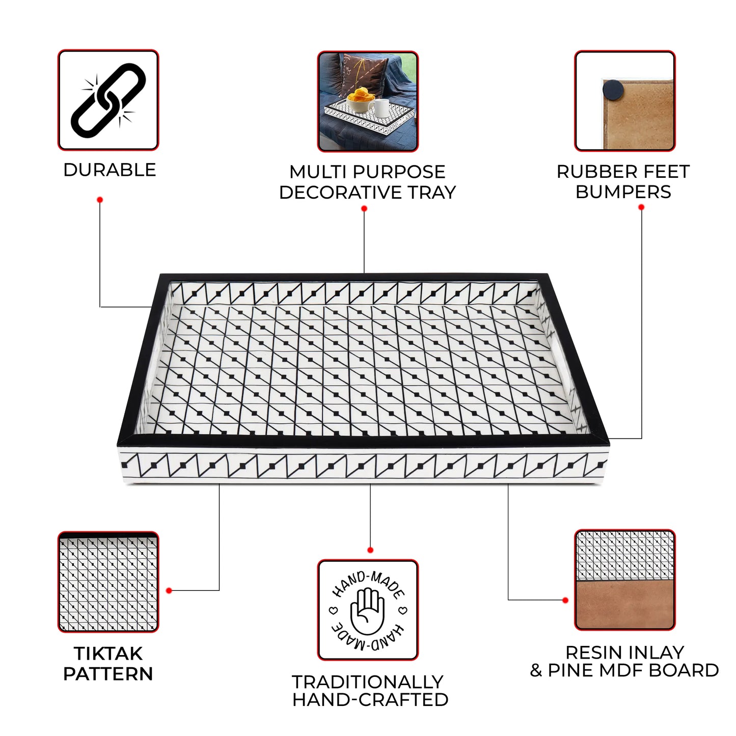 Decorative Tray Illusion Tiktak Pattern Bone & Resin Inlay Collection in 11x17, Black & White