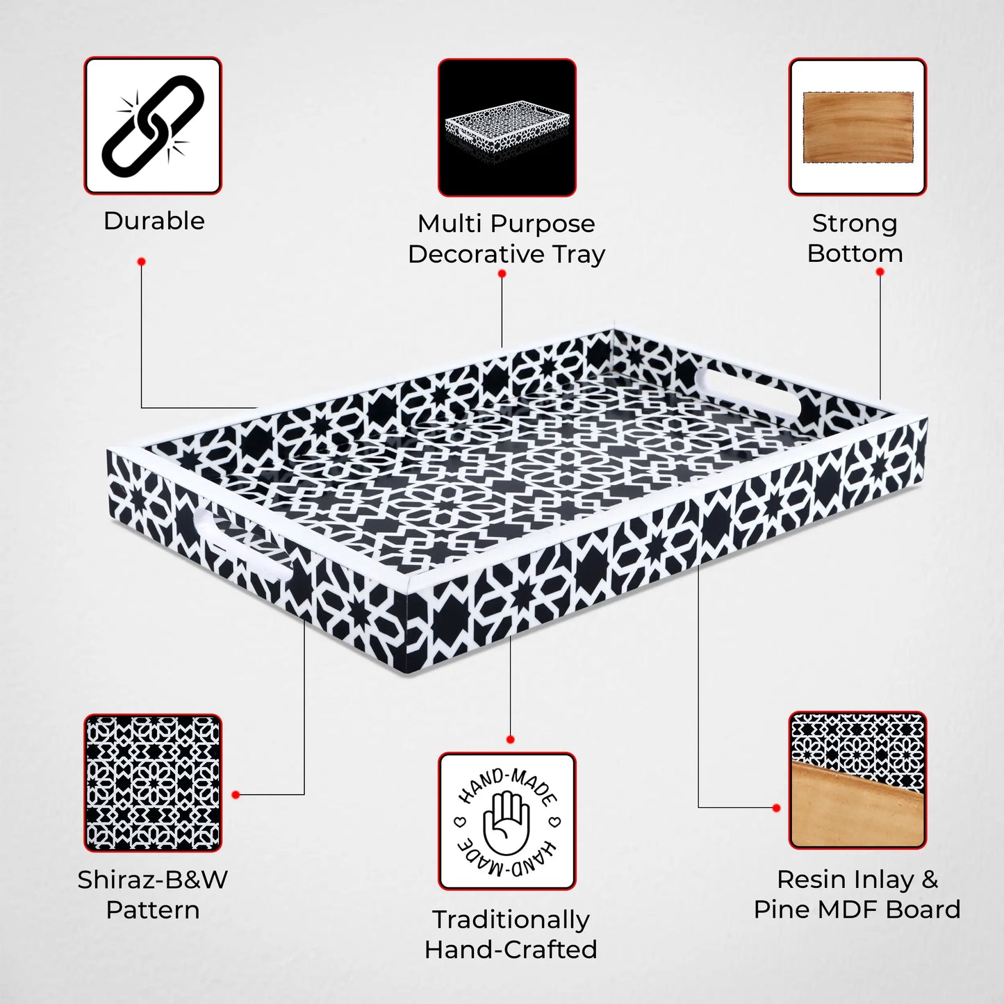 Decorative Tray Shiraj Pattern Resin Inlay Collection in 2 Sizes, Black & White