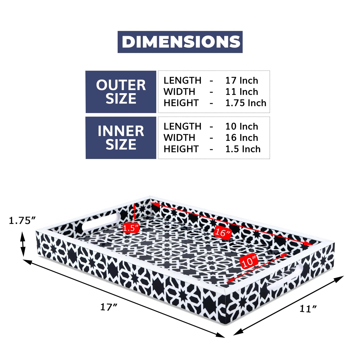 Decorative Tray Shiraj Pattern Resin Inlay Collection in 2 Sizes, Black & White