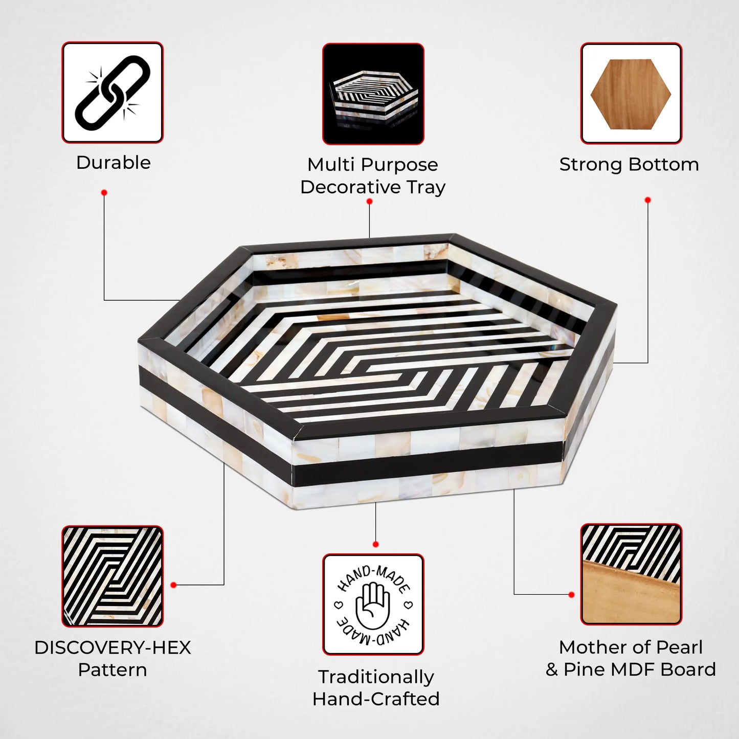 Decorative Tray Discovery Hex Pattern Mother of Pearl & Resin Inlay Collection in 12x12