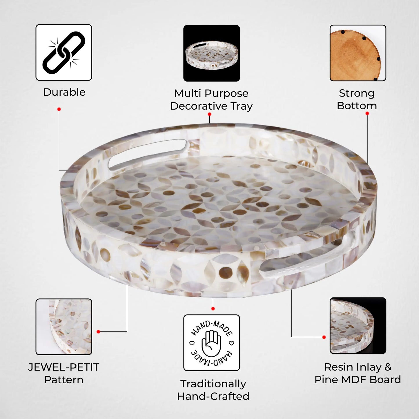 Decorative Tray Discovery Jewel Petit Pattern Mother of Pearl & Resin Inlay Collection in 2 Sizes