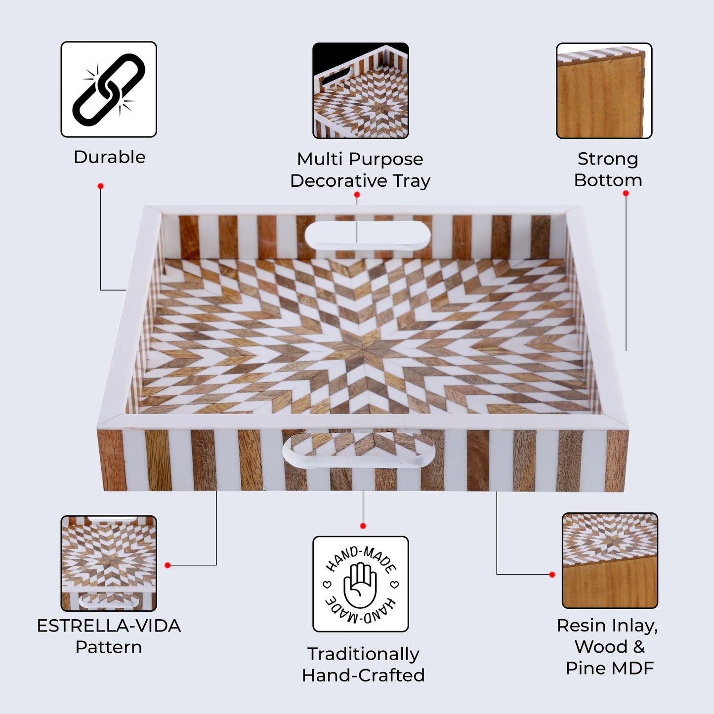 Decorative Tray Estrella Vida Pattern Resin Inlay Collection in 12x12
