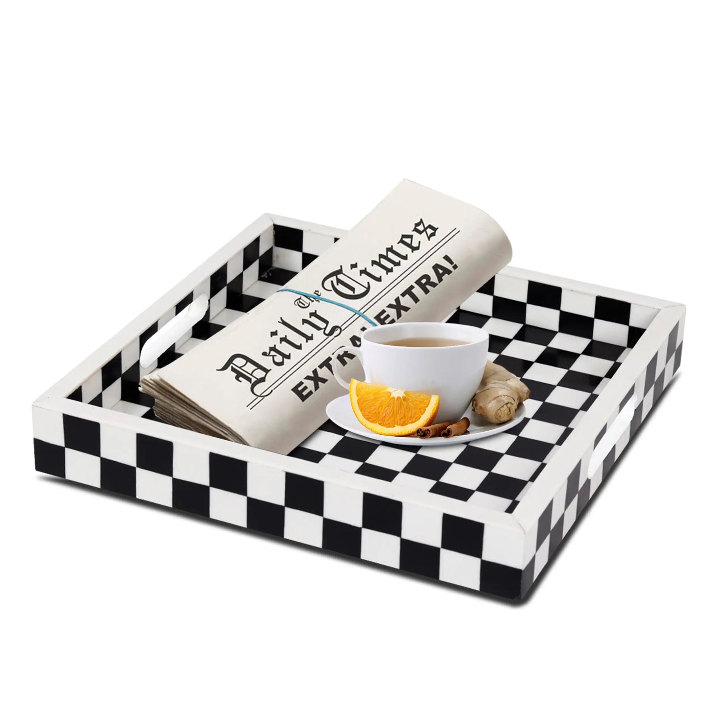 Decorative Tray Illusion Check Pattern Resin Inlay Collection in 12x12, Black & White