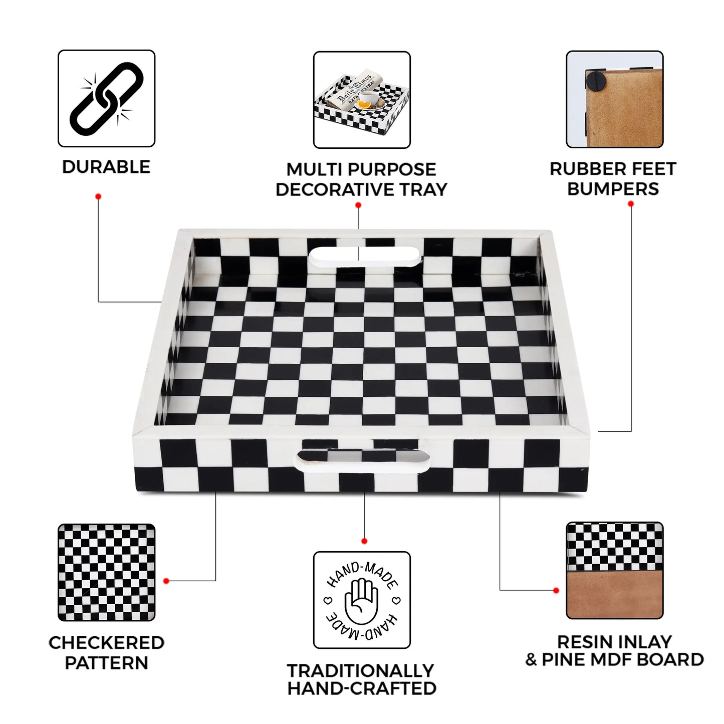 Decorative Tray Illusion Check Pattern Resin Inlay Collection in 12x12, Black & White