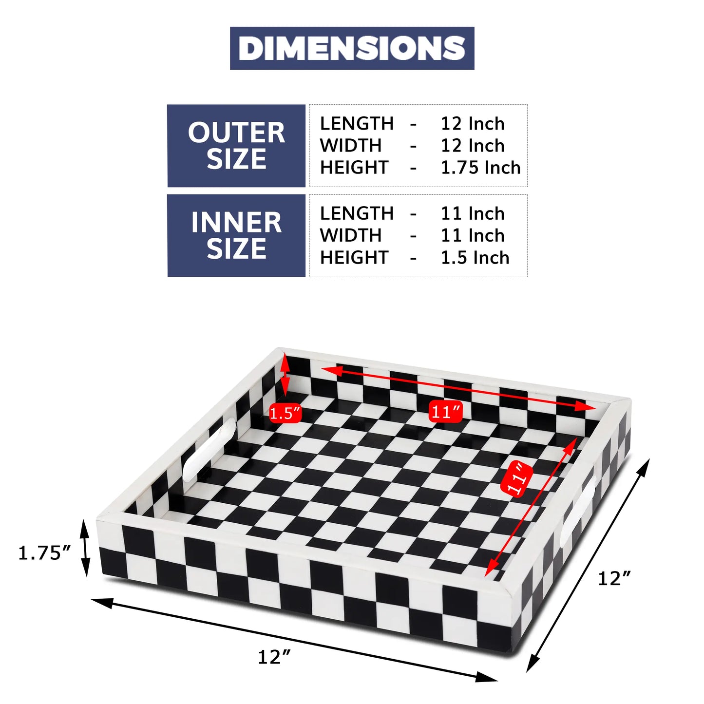 Decorative Tray Illusion Check Pattern Resin Inlay Collection in 12x12, Black & White