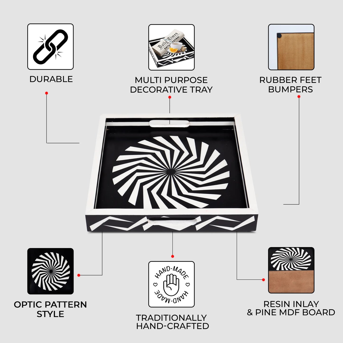 Decorative Tray Illusion Optic Pattern Resin Inlay Collection in 12x12, Black & White