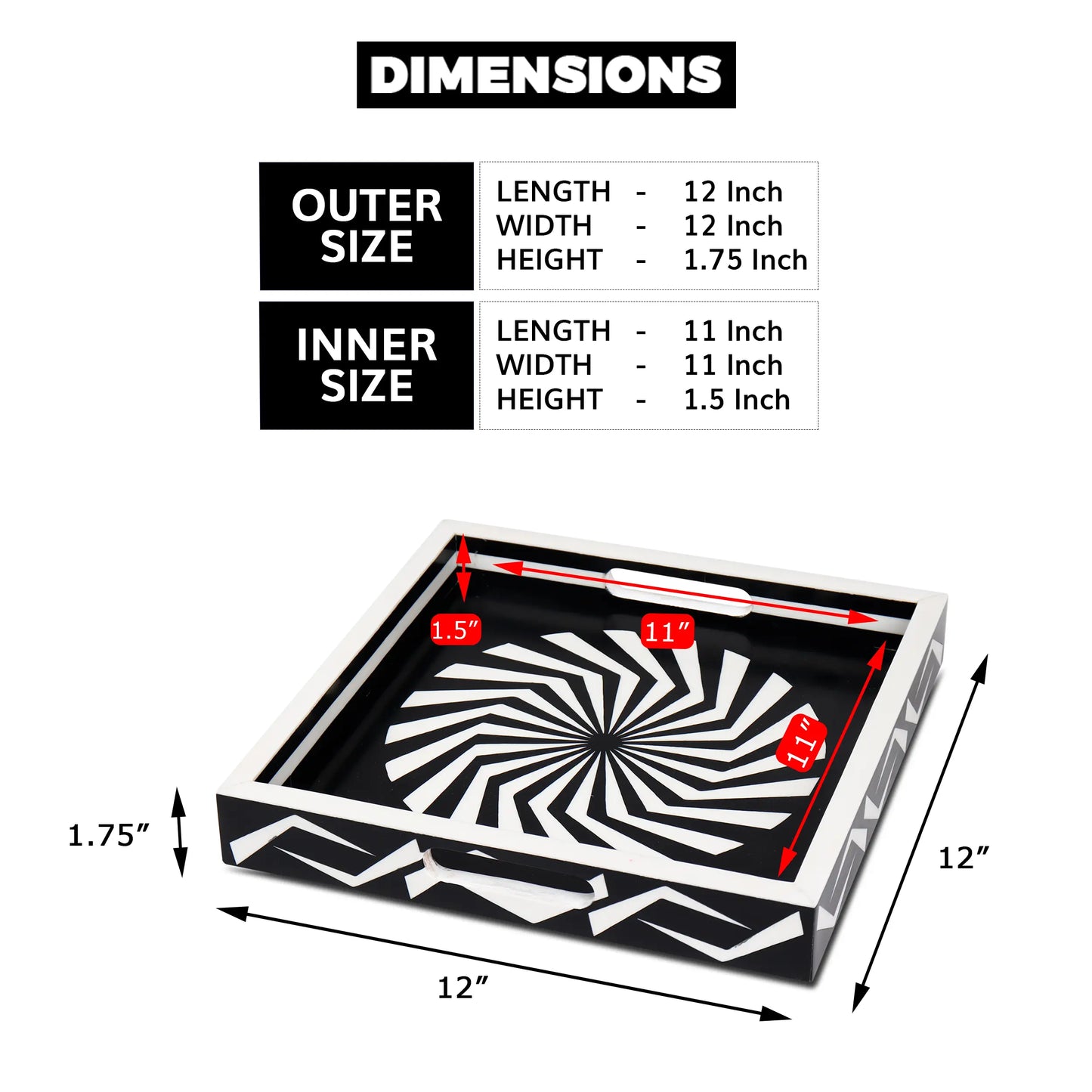 Decorative Tray Illusion Optic Pattern Resin Inlay Collection in 12x12, Black & White