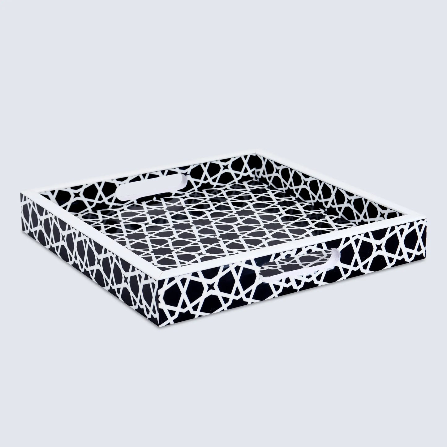 Decorative Tray Zellij Pattern Resin Inlay Collection in 2 Sizes, Black & White