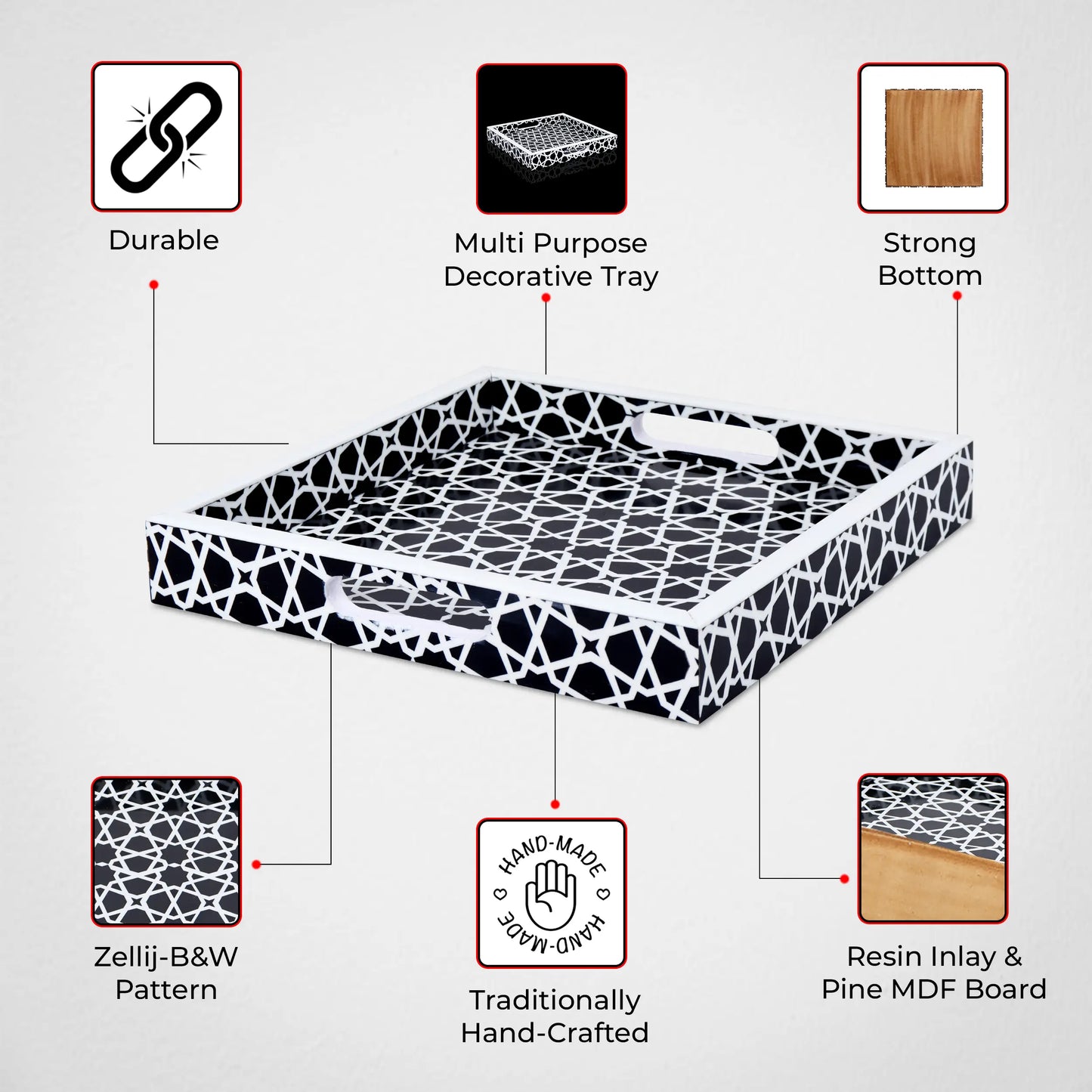 Decorative Tray Zellij Pattern Resin Inlay Collection in 2 Sizes, Black & White