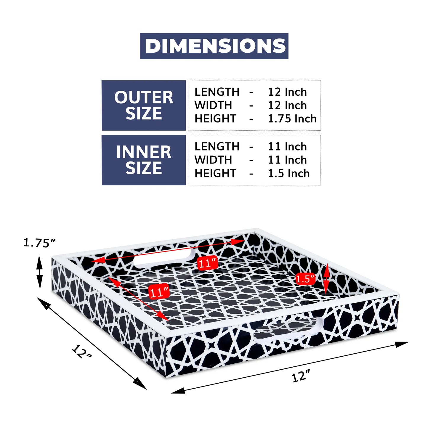 Decorative Tray Zellij Pattern Resin Inlay Collection in 2 Sizes, Black & White
