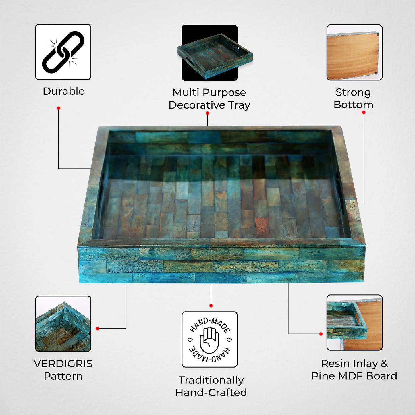 Decorative Tray Verdigris Pattern Bone Inlay Collection in 12x12 inches