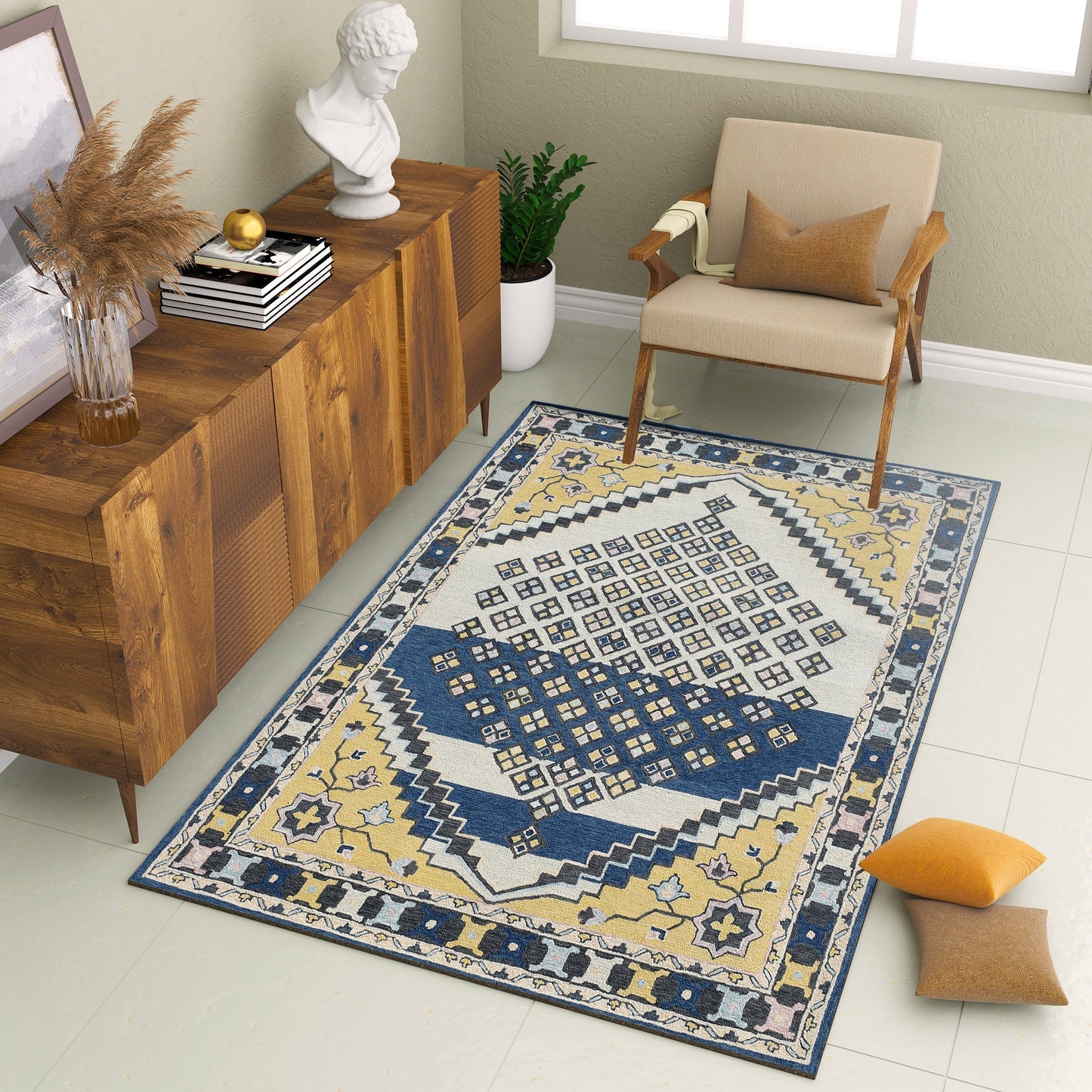 Premium Hand-Tufted Rug Made of 100% Wool - Tatar Folk - 5x8 Feet